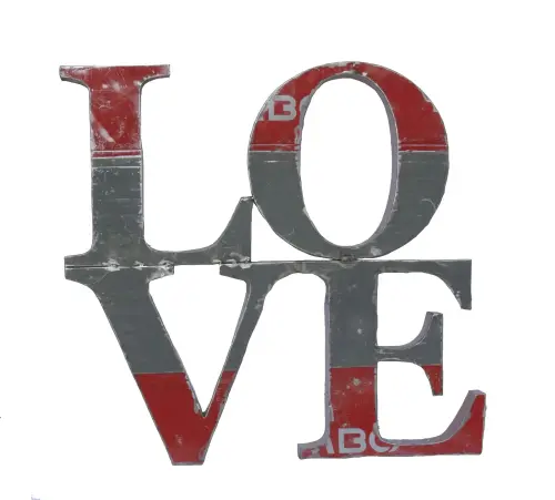 Product image of the product “Letter LOVE in Small as wall hanger, 105 x 101cm, object from upcyceled oil barrel. ”